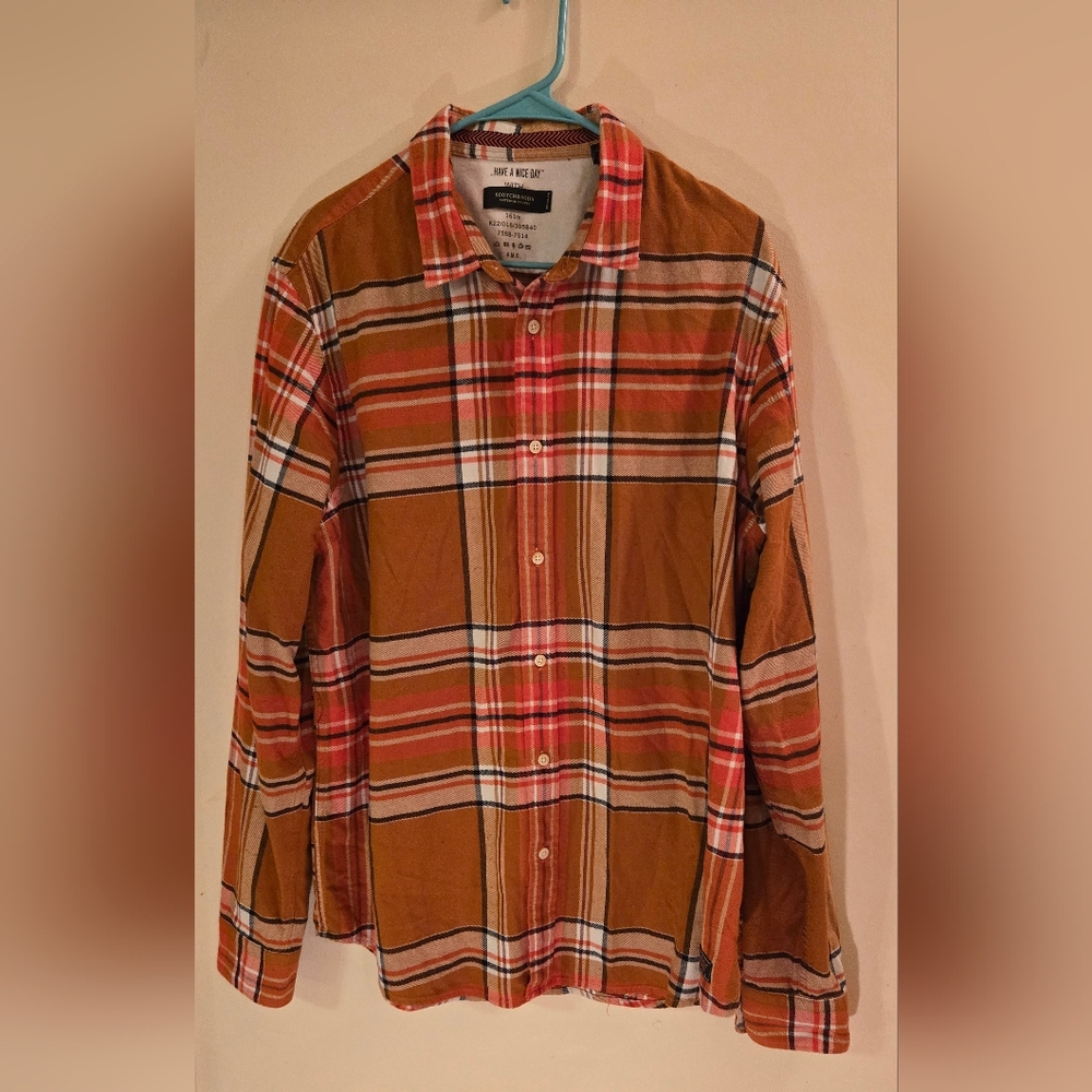 Scotch & Soda Orange Plaid Flannel Shirt - Regular Fit - Button-up - Size XL